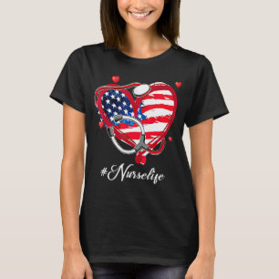 Camiseta Enfermeira Stethoscope Heart American Flag Happy 4