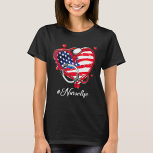 Camiseta Enfermeira Stethoscope Heart American Flag Happy 4