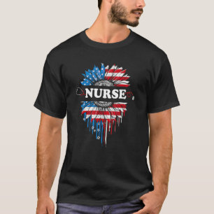 Camiseta Enfermeira Sunflower Stethoscope Usa Flag Patrióti