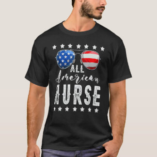 Camiseta Enfermeira Todo Americano Óculos de Sol 4 de Julho