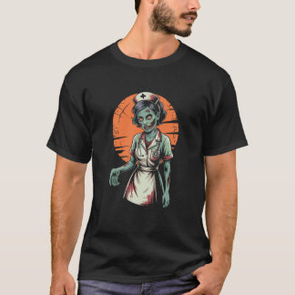 Camiseta Enfermeira Zumbi Halloween Assustador Lua Cheia Re