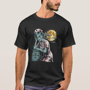 Camiseta Enfermeira Zumbi Halloween Assustador Lua Retro