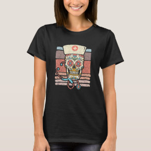 Camiseta Enfermeiro Açúcar Caveira Stetoscópio RN Halloween
