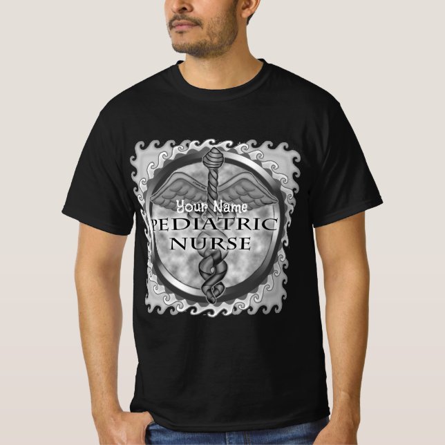 Camiseta Enfermeiro Pediátrico da cinza caduceus (Frente)