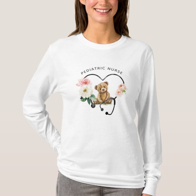 Camiseta Enfermeiro Pediátrico Urso de Teddy Urso Floral Es (Frente)