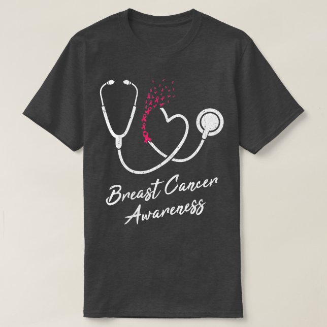Camiseta Enfermeiro Stethoscope Cardíaco Friso Rosa Cancer (Frente do Design)