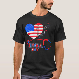 Camiseta Enfermeiro Stethoscope Cardíaco Patriótico Dia Mem