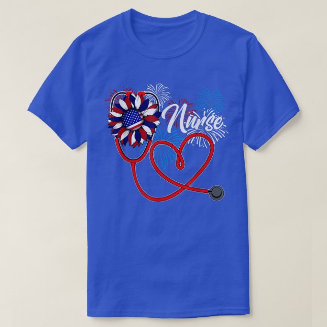 Camiseta Enfermeiro Stethoscope Heart American Flag Sunflow (Frente do Design)