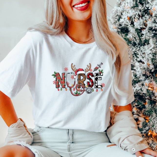 Camiseta Enfermeiro Tee com Reindeer e Luzes de Natal (Criador carregado)