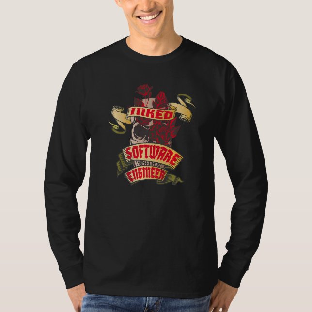 Camiseta Engenheiro de Software Caveira Tatuada & Rosas Ver (Frente)
