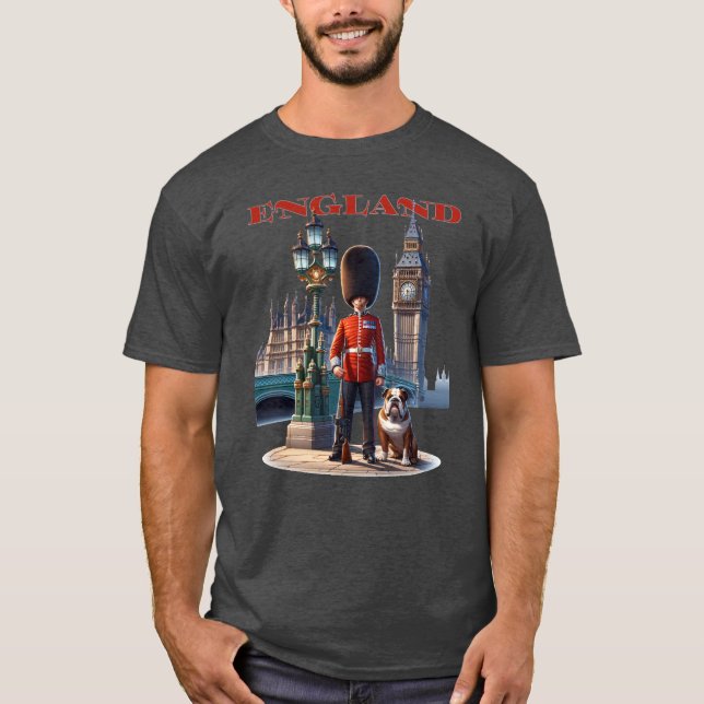 Camiseta England Buckingham Palace Guarda e Buldogue (Frente)