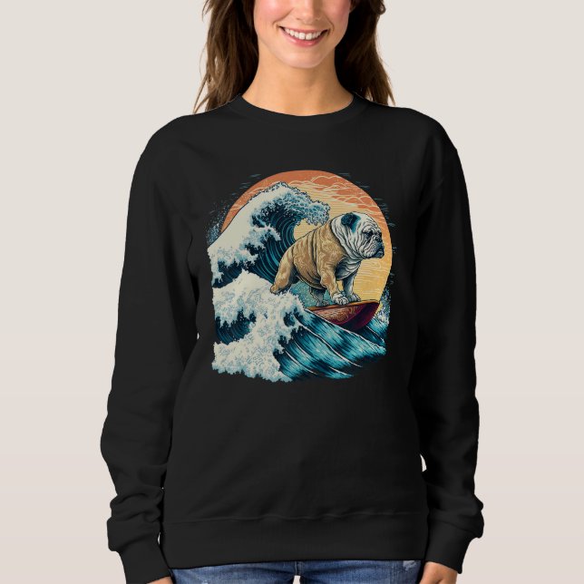 Camiseta English Bulldog Surfing On the Great Wave of Kanag (Frente)