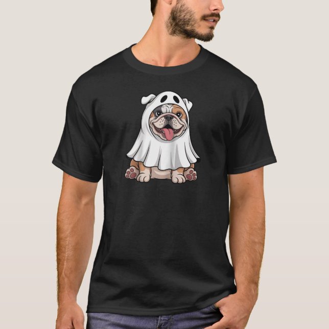 Camiseta English Bulldog Wearing A White Ghost Costume Dog  (Frente)