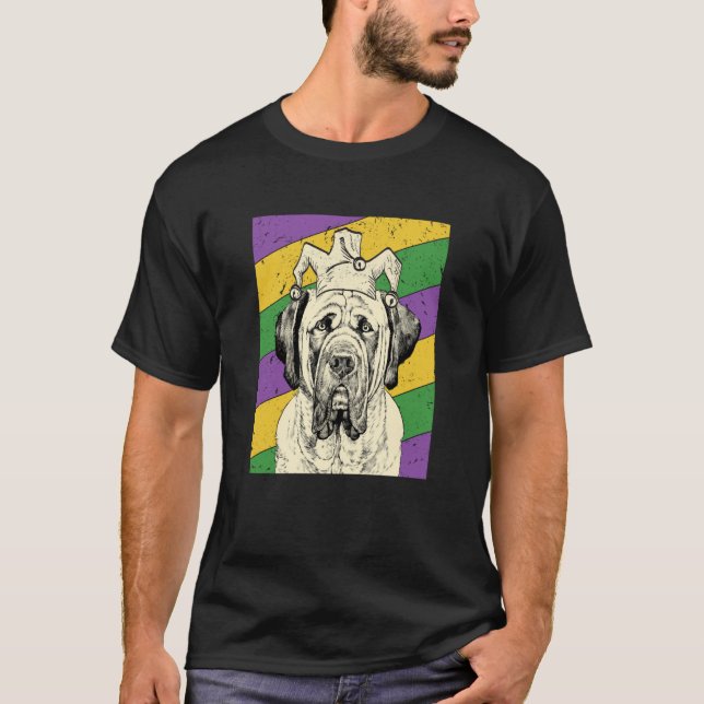 Camiseta English Mastiff Jester Mardi Gras Dog Mom or Dad (Frente)
