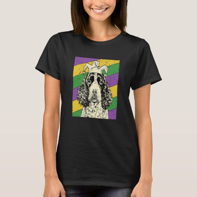 Camiseta English Springer Spaniel Jester Mardi Gras Dog Mom (Frente)