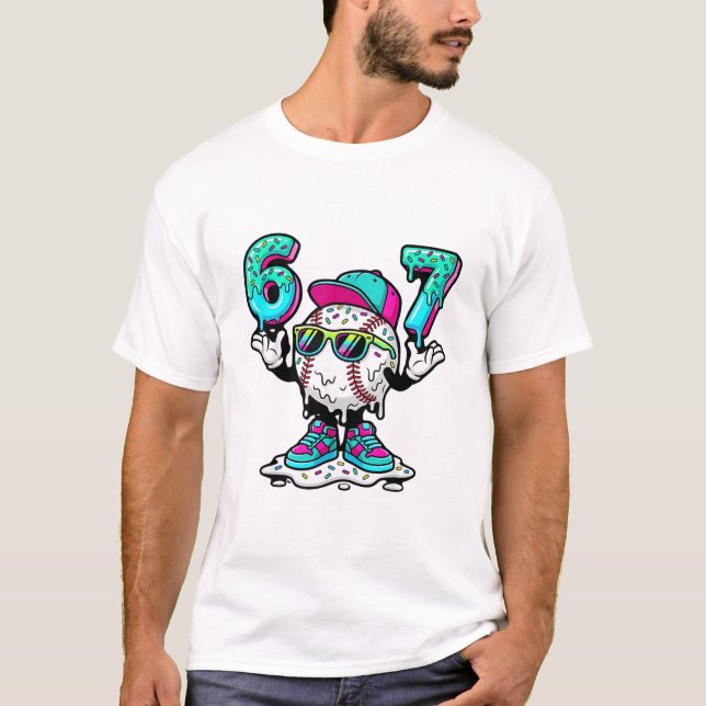 Camiseta engraçada 6 7 Beisebol Sorvete Drip Meme (Frente)