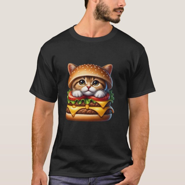 Camiseta Engraçada Comida Rápida Gato Burger Gatos Frescos  (Frente)