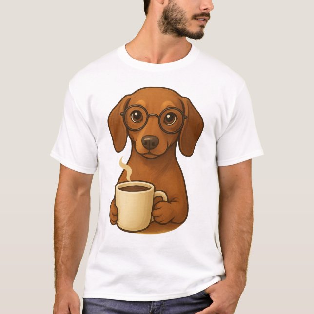 Camiseta Engraçada de Dachshund Amante de Café – S (Frente)