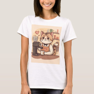Camiseta engraçada de gato barista fofo com café