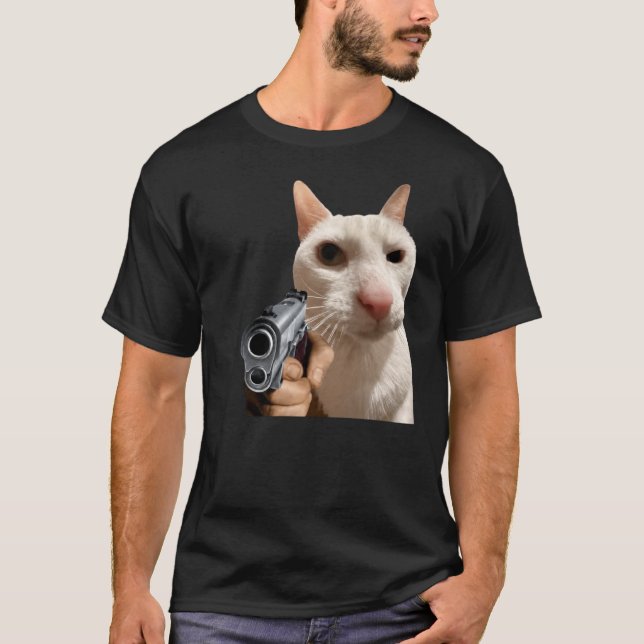 Camiseta engraçada de gato legal com arma (Frente)