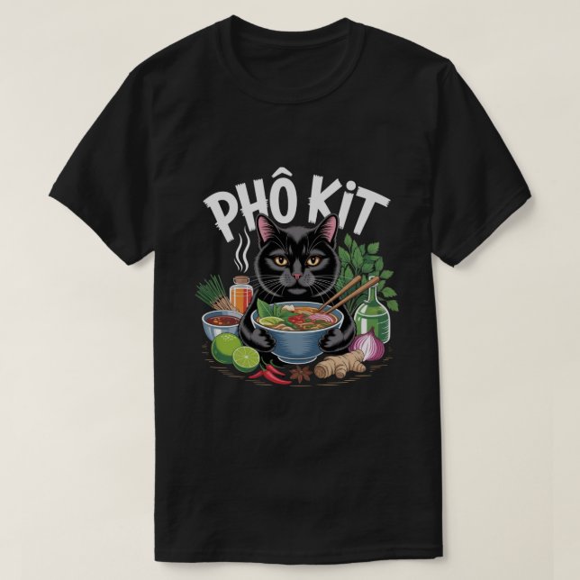 Camiseta engraçada de gato preto “Phô Kit” (Frente do Design)