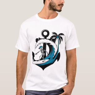 Camiseta engraçada de surf com esqueleto na praia,