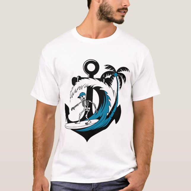 Camiseta engraçada de surf com esqueleto na praia, (Frente)