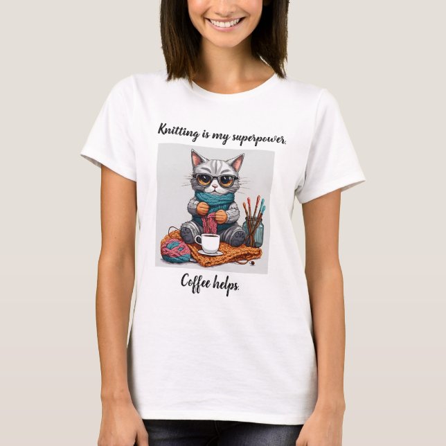 Camiseta engraçada de tricô Superpoder Gato (Frente)