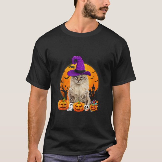 Camiseta Engraçada Malva Americana Gata Halloween Bruxa Pum (Frente)