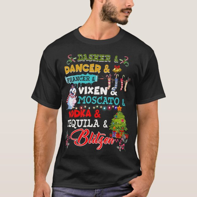 Camiseta Engraçada Reindeer Nomes de Álcool Festa de Natal  (Frente)