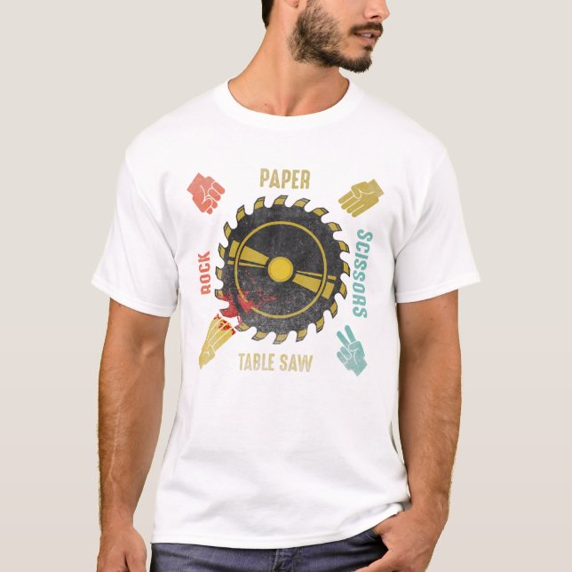 Camiseta Engraçada Tesoura de Papel Mesa Saw Carpenter (Frente)