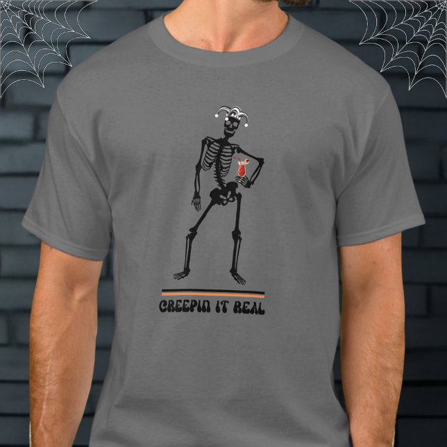 Camiseta Engraçada Ti Bebendo de Esqueleto Real Halloween (Criador carregado)