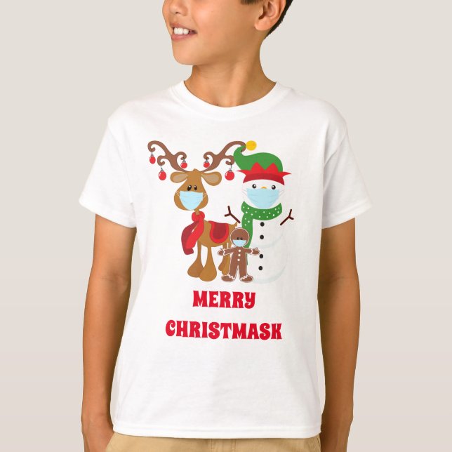 Camiseta Engraçado 2020 Reindeer Snowman máscaras de rosto  (Frente)