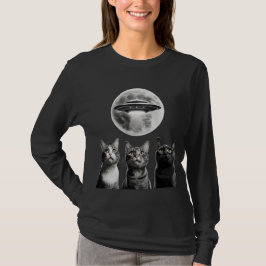Camiseta Engraçado 3 Gatos Assustados Lua OVNI Alienígena I