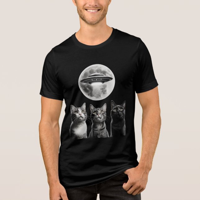 Camiseta Engraçado 3 Gatos Assustados Lua OVNI Alienígena I (Frente)