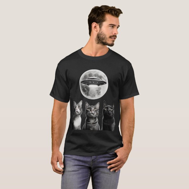 Camiseta Engraçado 3 Gatos Assustados Lua OVNI Alienígena I (Frente Completa)