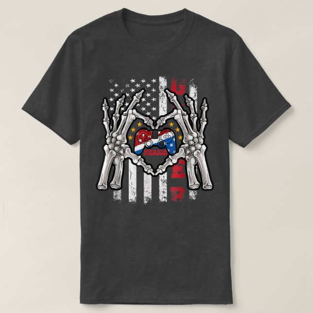 Camiseta Engraçado 4 de julho, American Flag Usa Skeleton V (Frente do Design)