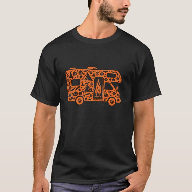 Camiseta Engraçado Abóbora Acampando Doce Halloween Mulhere (Frente)