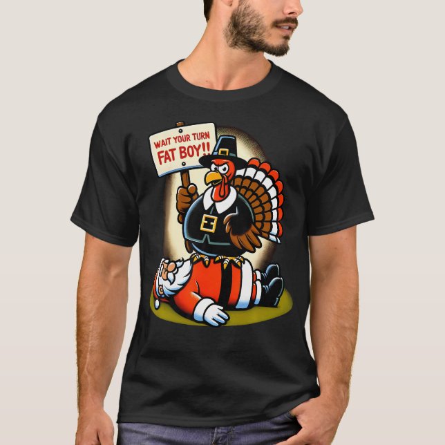 Camiseta Engraçado Ação De Graças Esperar Sua Vez De Gato E (Frente)
