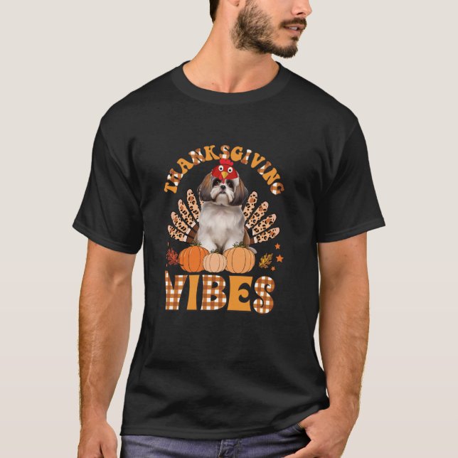 Camiseta Engraçado Ação de Graças Vibes Shih Tzu Cog Turkey (Frente)