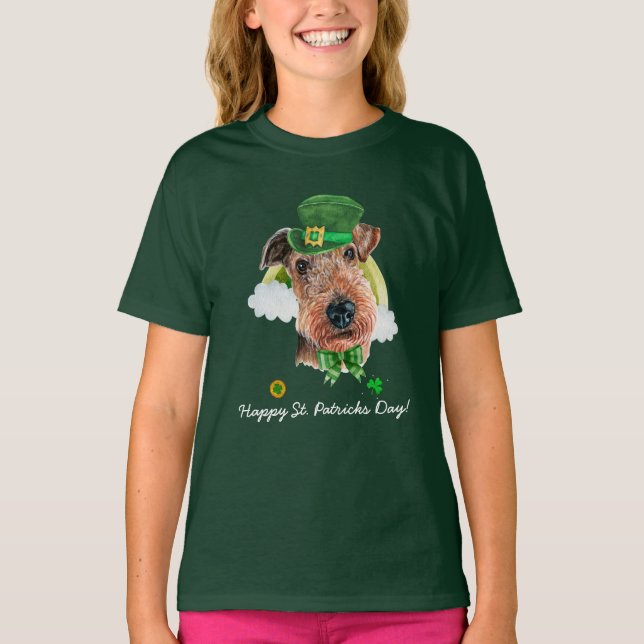 Camiseta Engraçado Airedale Terrier Dourado Dia de São Patr (Frente)