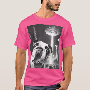 Camiseta Engraçado Alienígena Inglês Bulldog Ufo Tomando Um