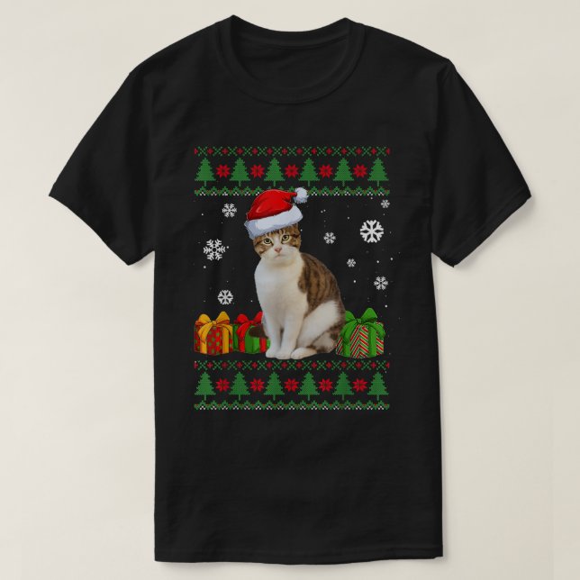Camiseta Engraçado Ama Gato Bonito Gato Papai Noel Feliz Na (Frente do Design)