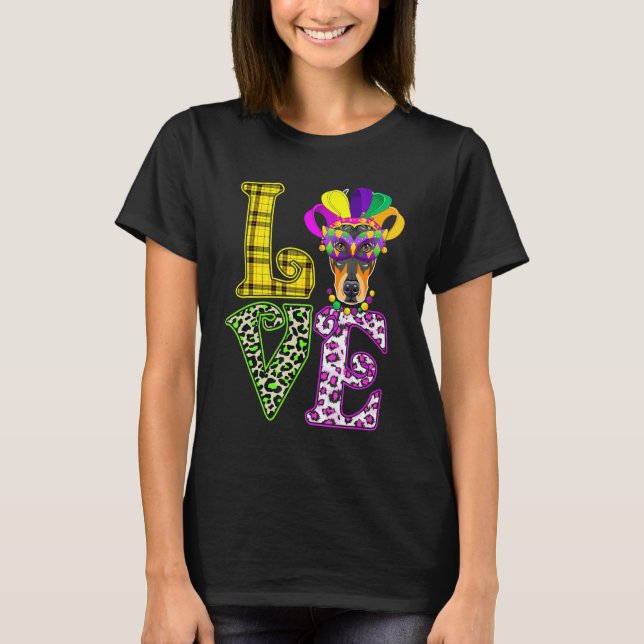 Camiseta Engraçado Amor Mardi Gras Doberman Pai Cachorro Mã (Frente)