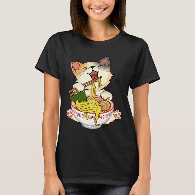Camiseta Engraçado Anime Kamala Gato Comendo Ramen Torra No (Frente)