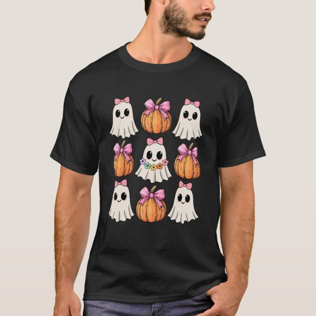 Camiseta Engraçado Arco Coquette Pumpkin Halloween Ghost Sp (Frente)