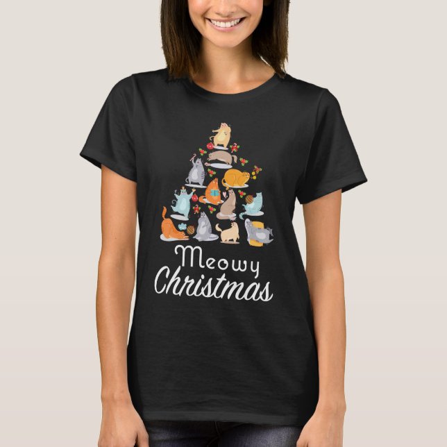 Camiseta Engraçado Árvore de Natal Feliz Amantes de Gato (Frente)