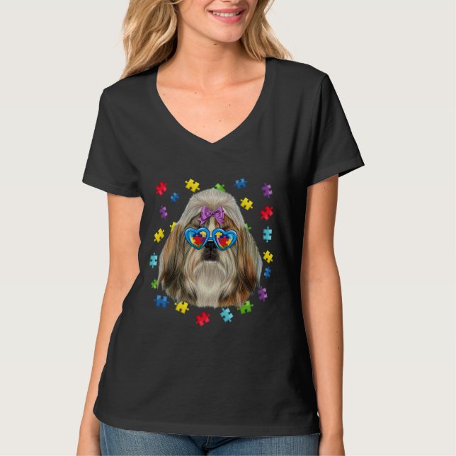 Camiseta Engraçado Autismo Shih Tzu Quebra-cabeça Óculos de (Frente)