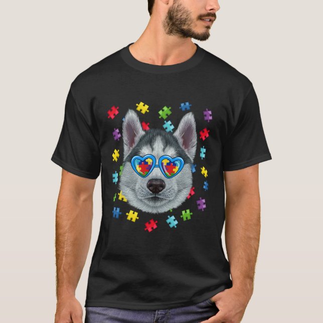 Camiseta Engraçado Autismo Siberiano Cachorro Quebra-cabeça (Frente)