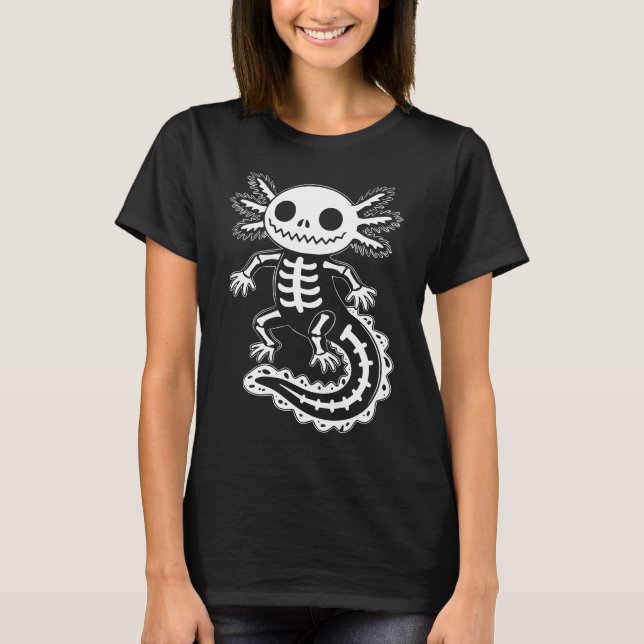 Camiseta Engraçado Axolotl Skeleton Halloween Skull (Frente)